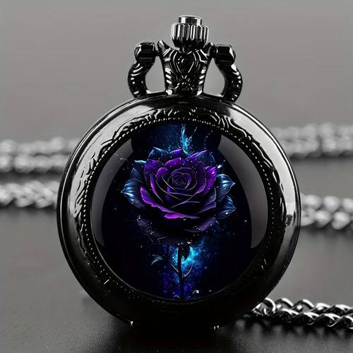 Retro Purple Rose Quartz Movement Pocket Watch,Stylish Black