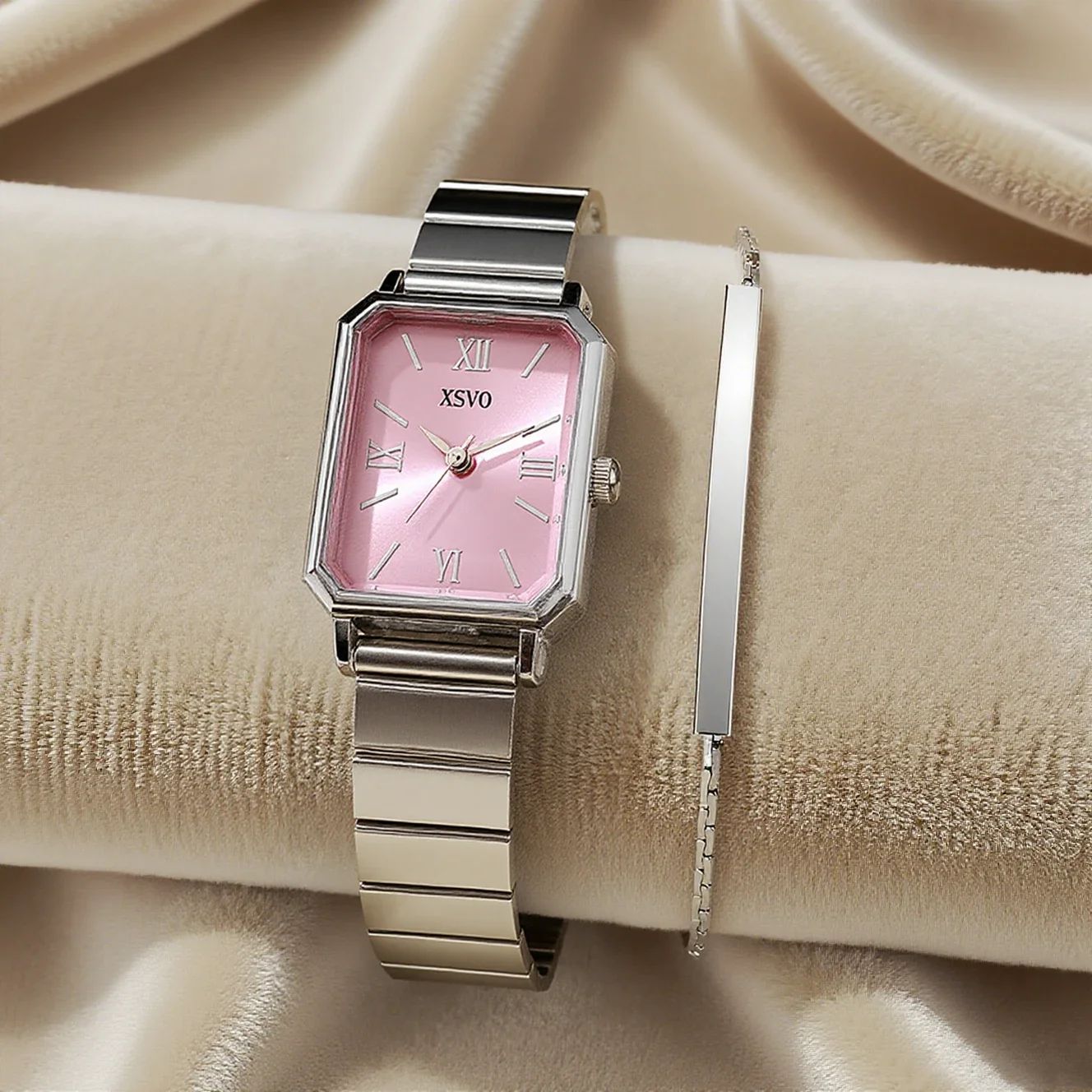 Fashion Light Luxury Alloy Square Dial Quartz Watch and Brac