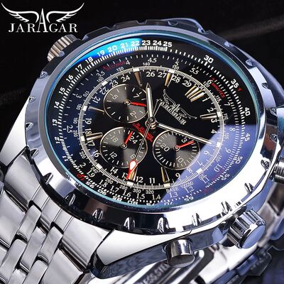 Jaragar Blue Glass Design Black Silver Automatic Watch Stain