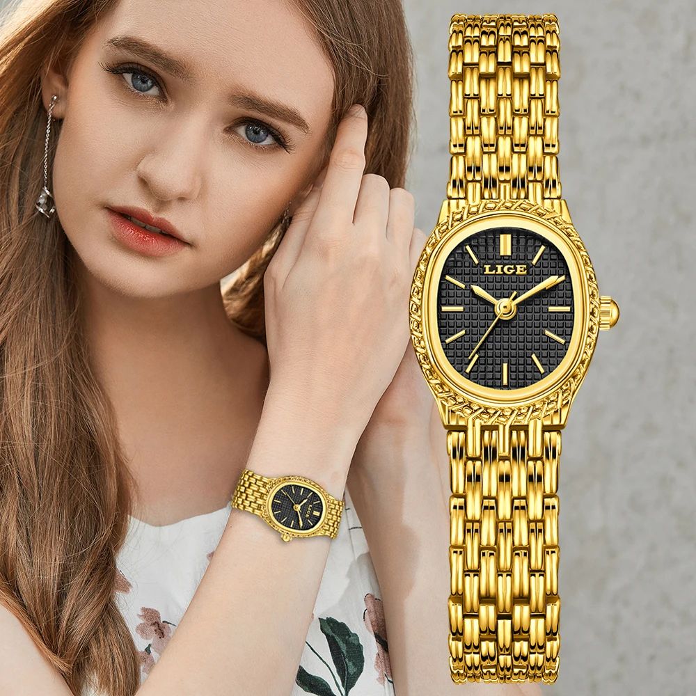 LIGE Golden Women Wristwatch Small Dial Ladies Gold Watch Br