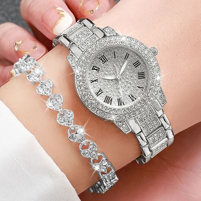 2pcs/set Women Stainless Steel Band Diamond Quartz Watch and
