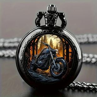 Vintage Black Motorcycle Quartz Pocket Watch, Necklace Penda