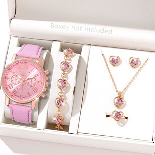 Pink 6PCS/Set Women Watch Roman Numeral Dial Quartz Wristwat