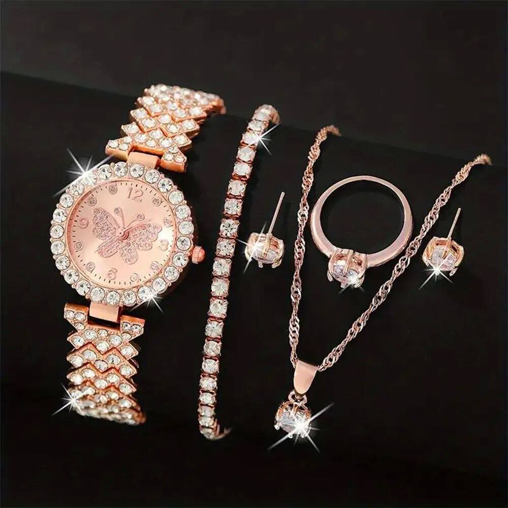 6pcs Jewelry Set Rose Gold Luxury Watch Women Ring Necklace