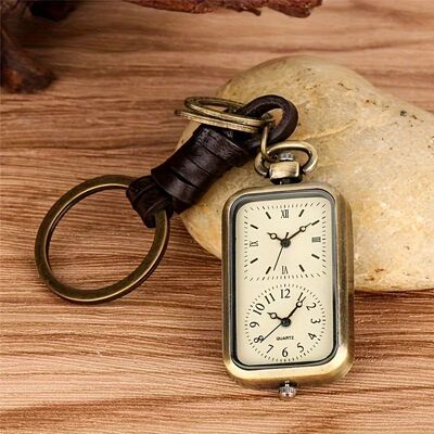 Bronze keychain pocket watch square retro double time moveme