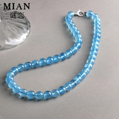 天然海蓝宝项链女珍藏宝石级老矿冰种海蓝宝圆珠项链送证书