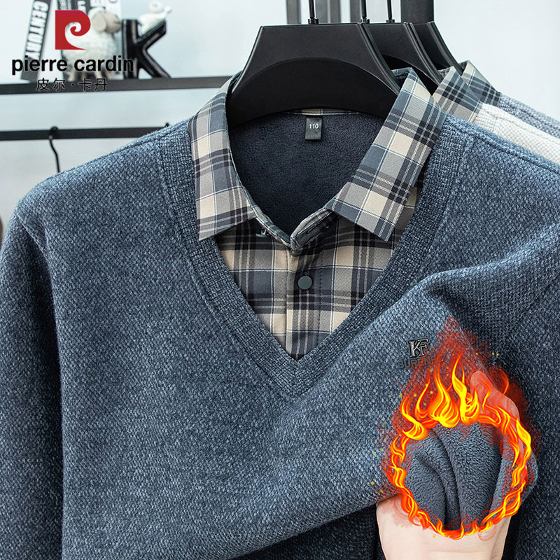 皮尔卡丹男士假两件针织打底衫