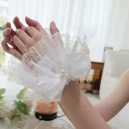 洛丽塔蕾丝花边珍珠蝴蝶结手袖甜美少女jk手腕套手环白色lo袖套女