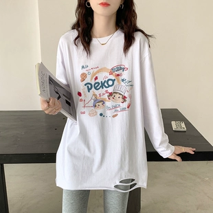 女2023早秋新款 t恤上衣服 破洞长袖 白色内搭打底衫 冬季 宽松中长款