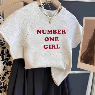 短袖 夏季 灰色纯棉修身 t恤女2025新款 小众设计感上衣 美式 辣妹短款