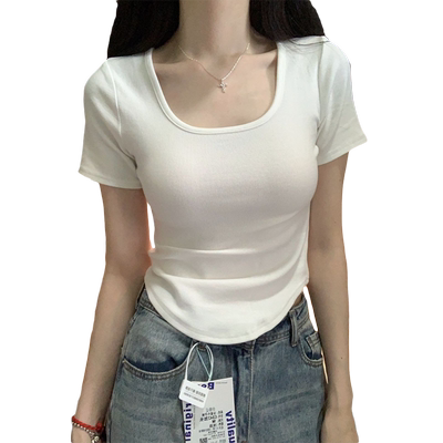 纯欲U领短款修身甜辣小上衣