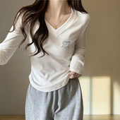 白色纯棉打底衫 加绒韩系chic设计感小众别致纯棉V领上衣 女秋冬季