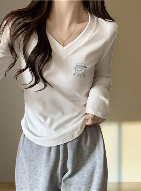 白色纯棉打底衫女秋冬季加绒韩系chic设计感小众别致纯棉V领上衣