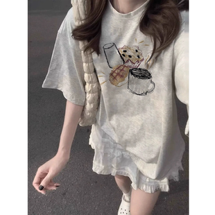 灰色纯棉短袖t恤女装2026新款爆款夏季宽松上衣oversize美式穿搭