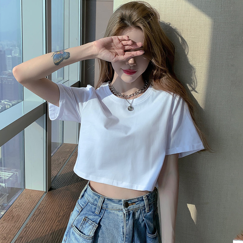 白色纯棉短袖t恤女夏季修身设计感小众辣妹短款纯欲别致独特上衣