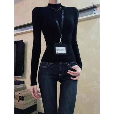 秋冬季德绒内搭半高领打底衫女2025新款长袖t恤黑色修身显瘦上衣