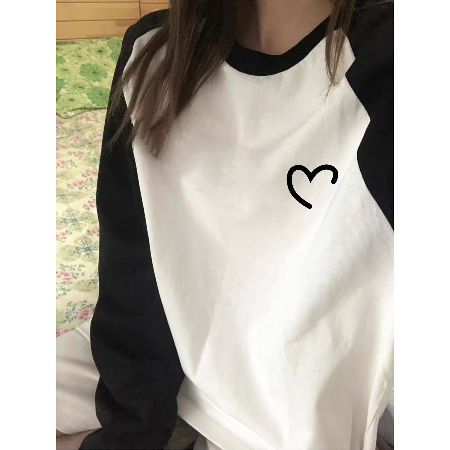 纯棉插肩撞色长袖t恤女2025新款早秋流行美式穿搭内搭打底衫上衣