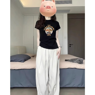 美式 爆款 夏季 显瘦上衣 穿搭修身 t恤女装 黑色正肩纯棉短袖 2025新款