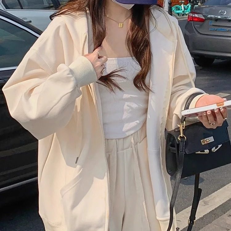 新品灰色宽松连帽卫衣女2026新款秋冬季穿搭韩版chic别致加绒开衫