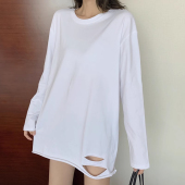 加绒破洞小众设计感长袖 女秋冬季 t恤上衣服 内搭打底衫 白色中长款