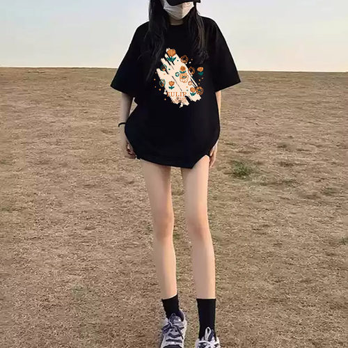 黑色纯棉短袖t恤女2026新款欧货爆款夏季宽松慵懒风韩系chic上衣
