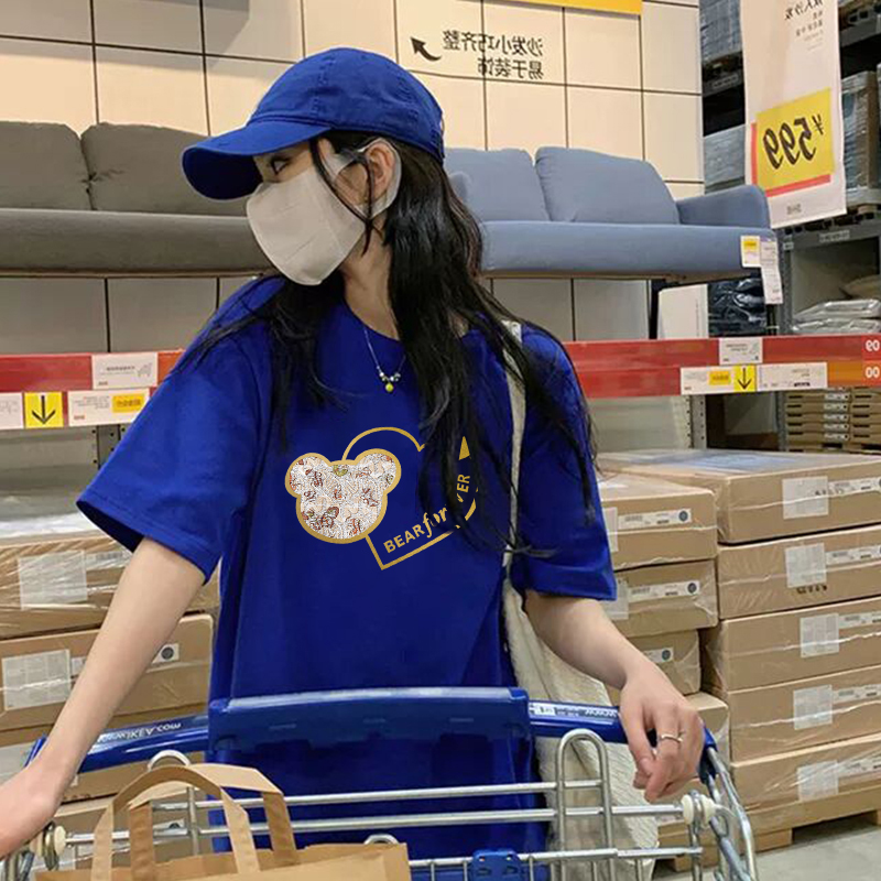 夏季宽松克莱因蓝纯棉短袖t恤女