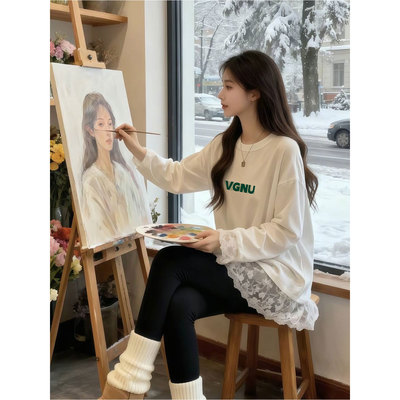 秋冬季加绒蕾丝内搭可外穿打底衫女中长款遮屁股洋气长袖t恤上衣