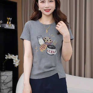 灰色正肩纯棉短袖 独特漂亮不规则褶皱印花上衣 t恤女2025新款 夏季