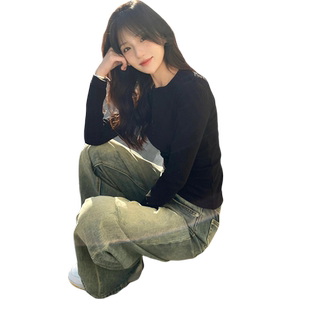 黑色显瘦纯棉长袖t恤女春秋冬季欧货大版洋气休闲百搭打底衫上衣