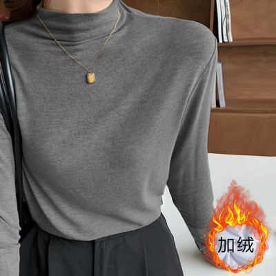 灰色半高领打底衫女秋季加绒上衣