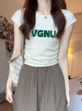 白色纯棉正肩短袖t恤女2026年新款夏季修身显瘦小众设计感上衣服