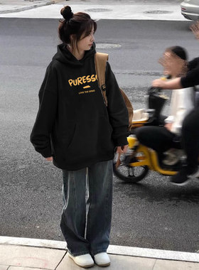 黑色宽松连帽卫衣女款加绒上衣