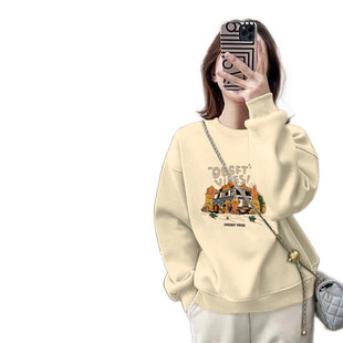 秋冬季加绒加厚女士圆领卫衣2026新款爆款奶fufu无帽韩系上衣外套