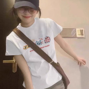 韩系冷淡系穿搭上衣 白色正肩修身 显瘦纯棉短袖 t恤女2025新款 夏季