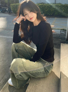 洋气休闲百搭打底衫 欧货大版 上衣 t恤女春秋冬季 黑色显瘦纯棉长袖