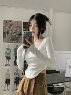 纯欲望甜美火辣女孩u领下装衬衫女子春秋季冬季丝绒紧身短长袖t恤