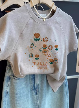 灰色纯棉修身短袖t恤女2026年新款夏季美式辣妹甜美时尚正肩上衣