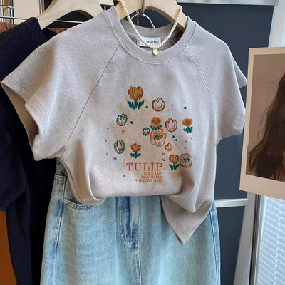 灰色纯棉修身短袖t恤女2025年新款夏季美式辣妹甜美时尚正肩上衣