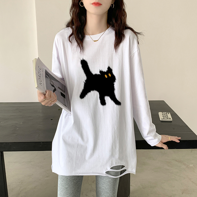 白色中长款内搭打底衫女装2025新款春秋冬季加绒破洞长袖t恤上衣