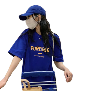 克莱因蓝纯棉短袖t恤女夏季美式复古港味chic设计感小众潮牌上衣
