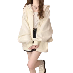 2025早春新款欧货女士连帽卫衣秋冬季加绒加厚韩系慵懒风开衫外套
