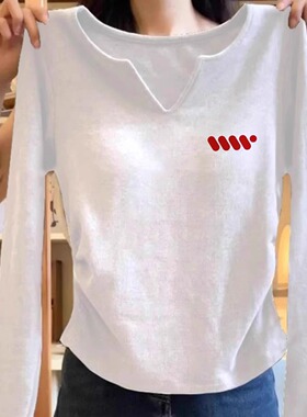 白色纯棉v领长袖T恤女2026新款百搭修身基础款内搭打底衫辣妹上衣