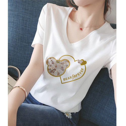 2025新款白色纯棉V领短袖T恤女