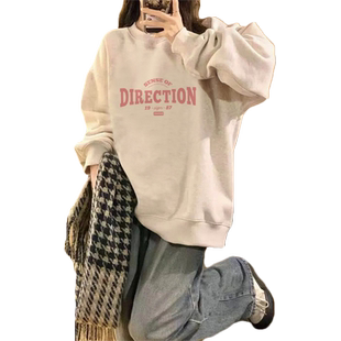 灰色卫衣女春秋冬季加绒加厚小个子宽松慵懒风设计感小众无帽上衣