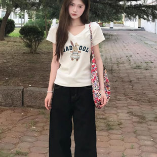 韩系chic别致小衫 白色正肩修身 夏季 v领纯棉短袖 上衣 t恤女2025新款