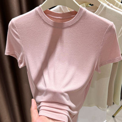 粉色正肩纯棉短袖t恤女2026新款夏季清纯掐腰气质小众不撞款上衣