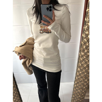 白色纯棉修身内搭打底衫女中长款遮屁股独特漂亮洋气长袖t恤上衣
