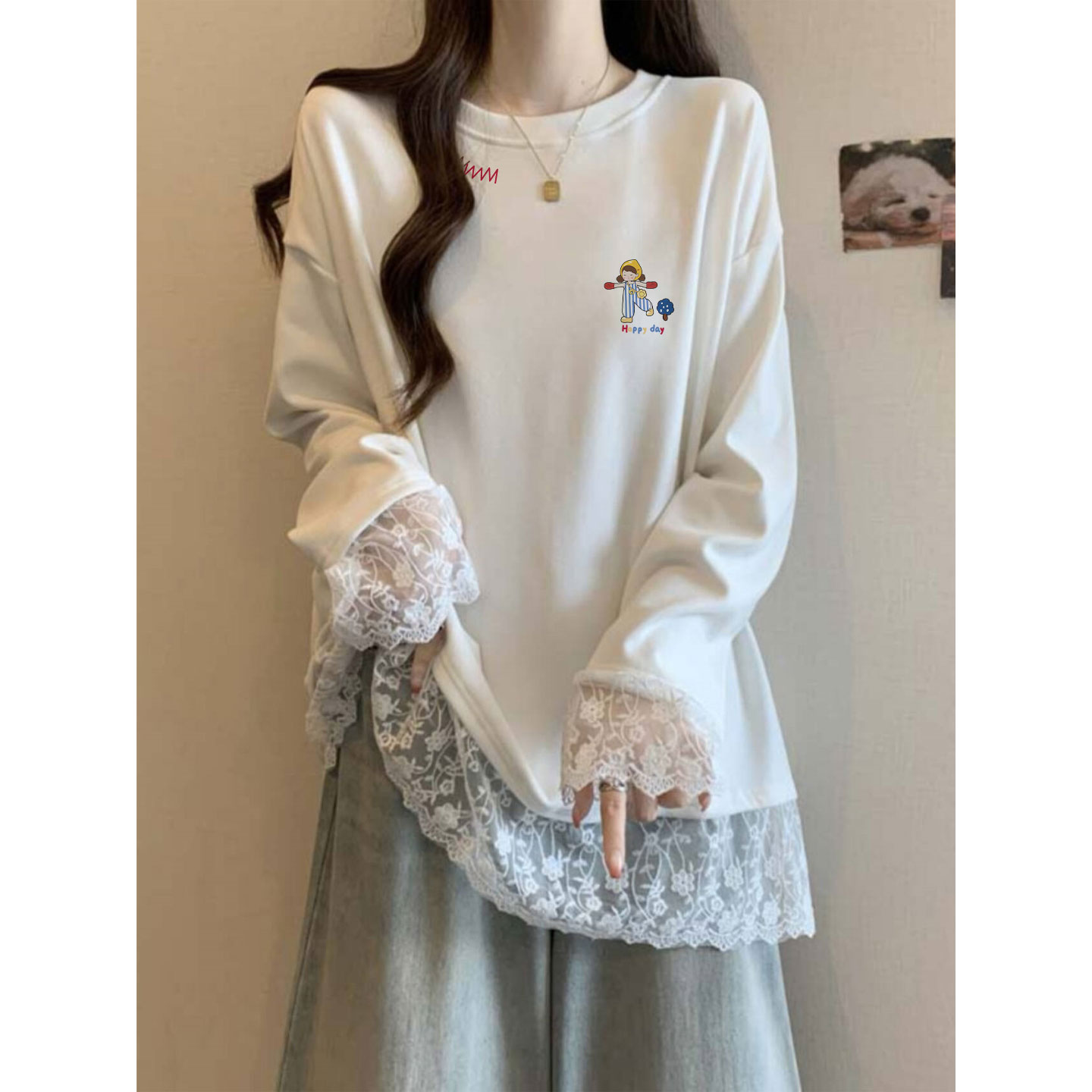 秋冬季德绒巨好看蕾丝花边内搭打底衫女中长款遮屁股洋气长袖上衣