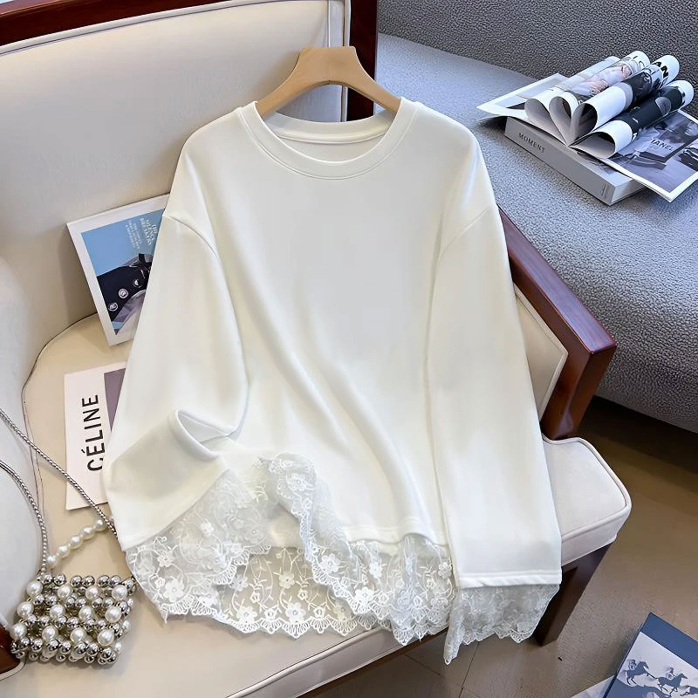 秋冬德绒叠穿蕾丝花边下摆内搭打底衫女中长款遮屁股洋气长袖上衣