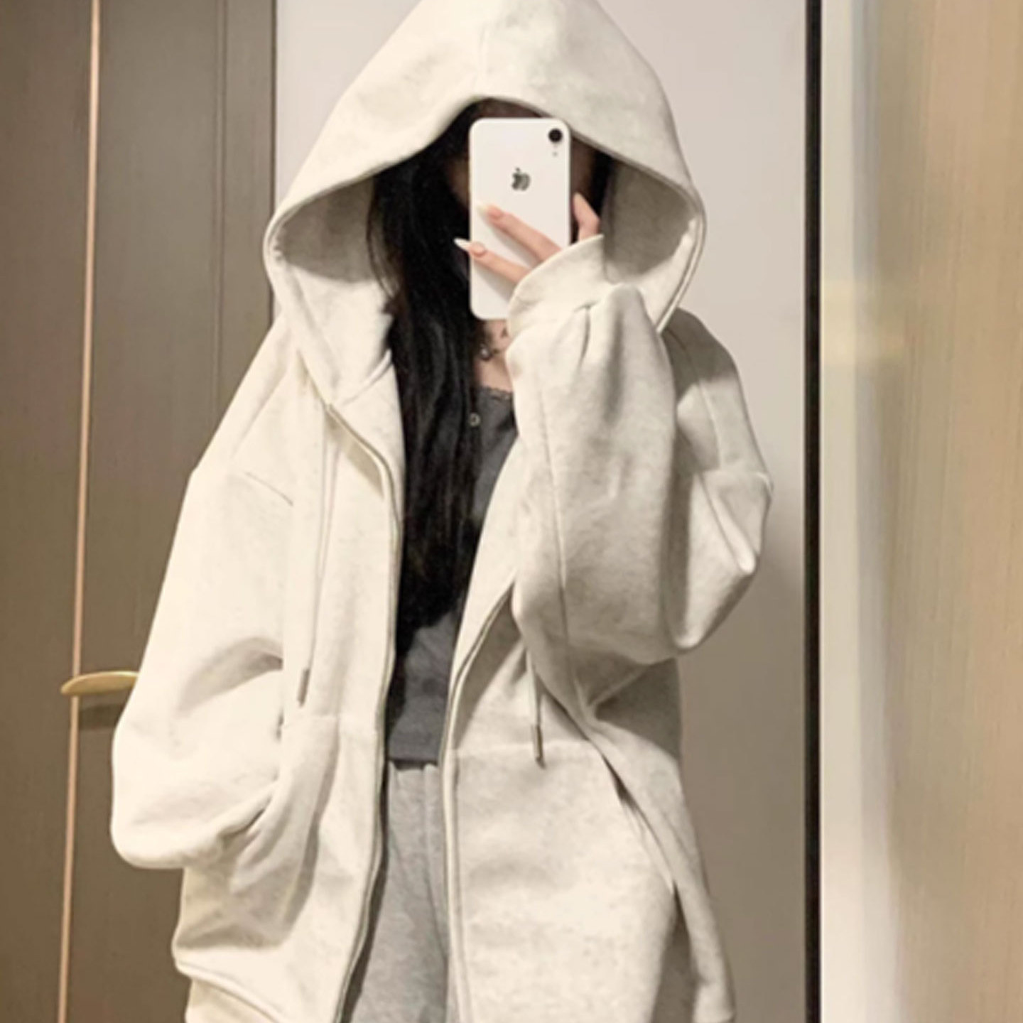 早秋穿搭oversize美式卫衣女2025正流行新款冬季加绒开衫连帽外套